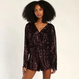 Lulu’s Dark Magenta Party Til Dawn Sequin Long Sleeve Romper Shorts Size S NWT